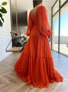 Long Puff Sleeves Elegant Gown