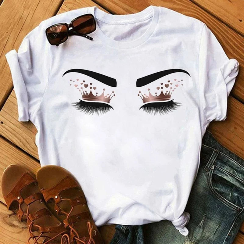 Colorful Eyelashes Crown Print T-shirt