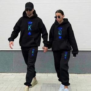 Couple Sportwear KING QUEEN Print Hoodies Pants Two-Piece Set