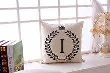 Load image into Gallery viewer, Pillow Cover Cushion with personalized initial and crown detail.
